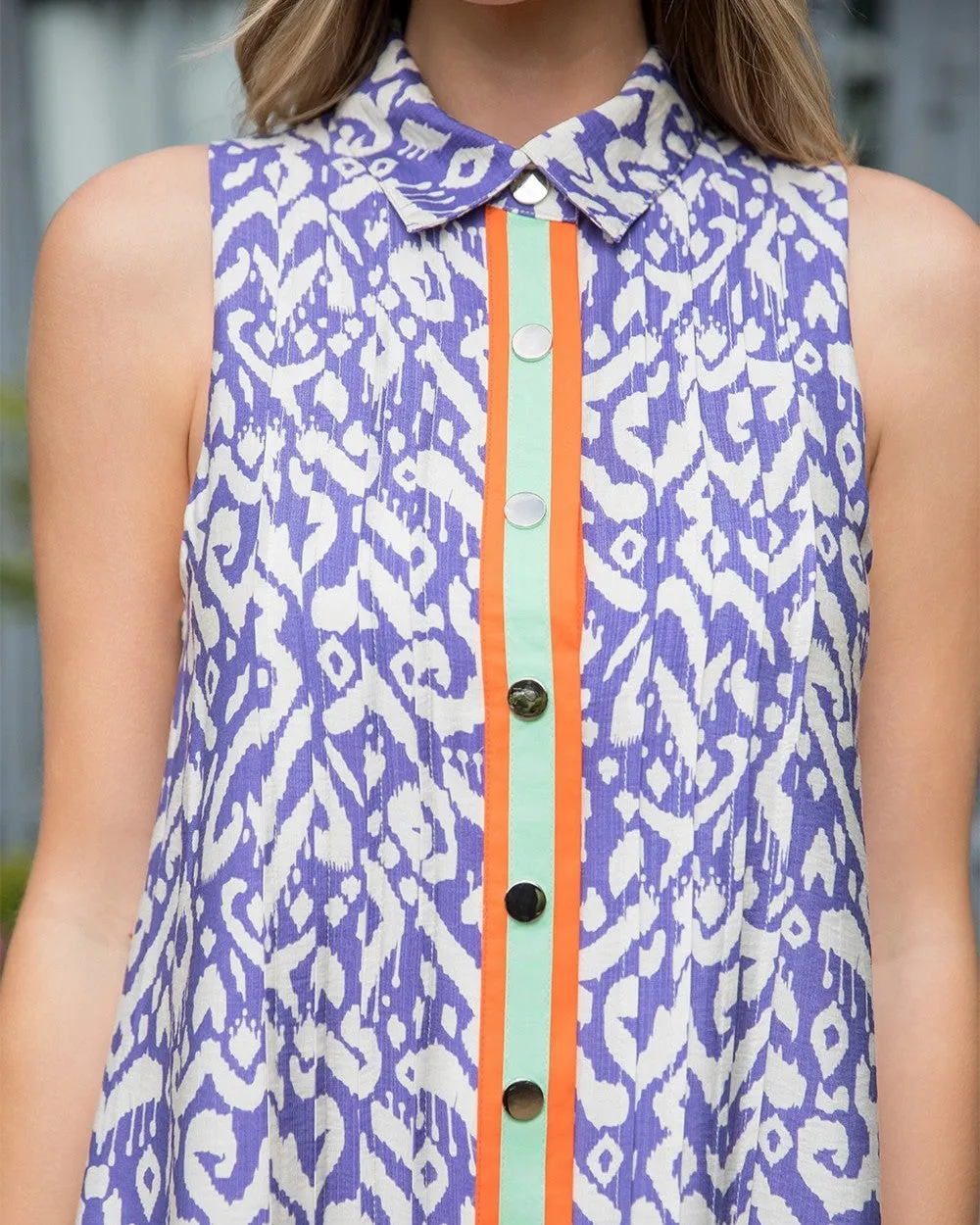 Sleeveless Button Front Print Dress - Blue