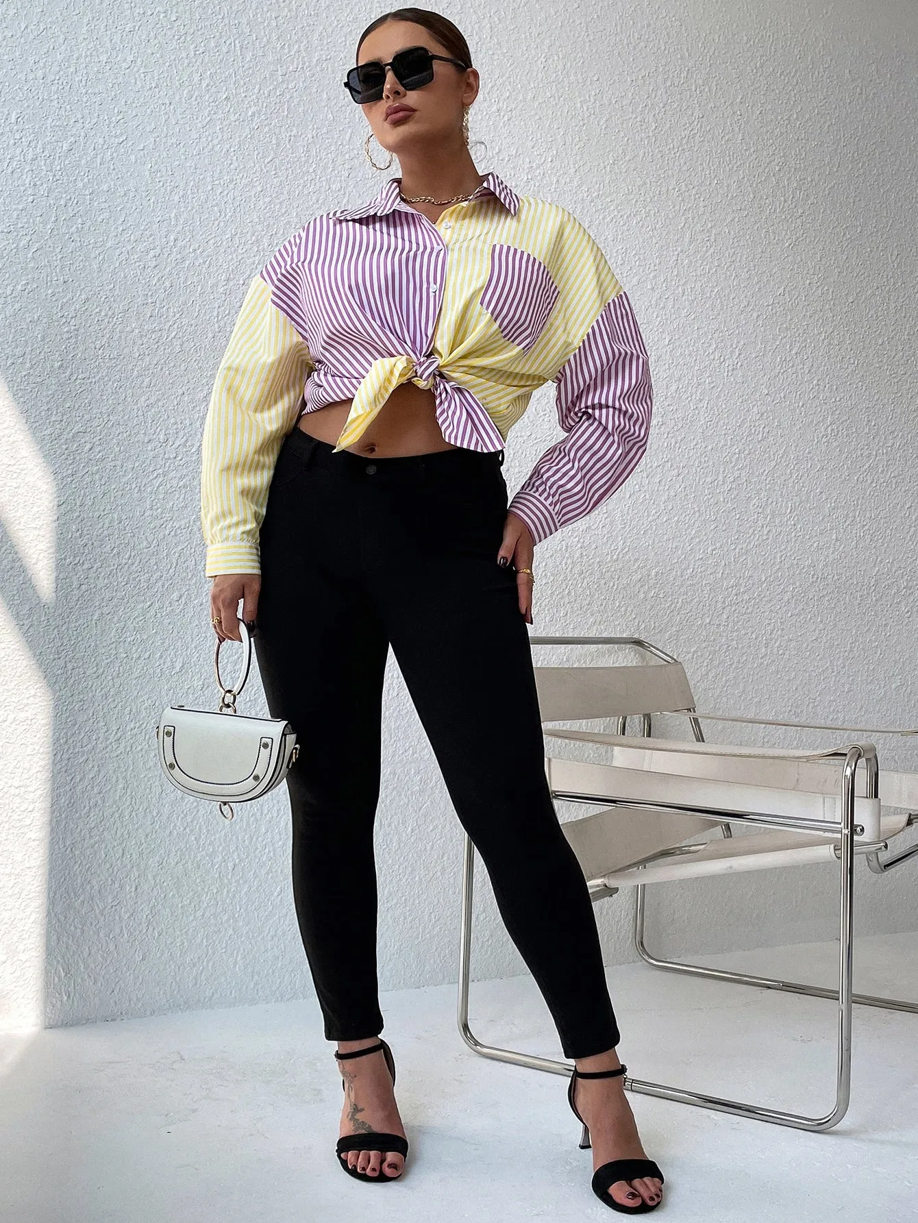 Striped Button Front Long Sleeve Collar Long Plus Size Blouse