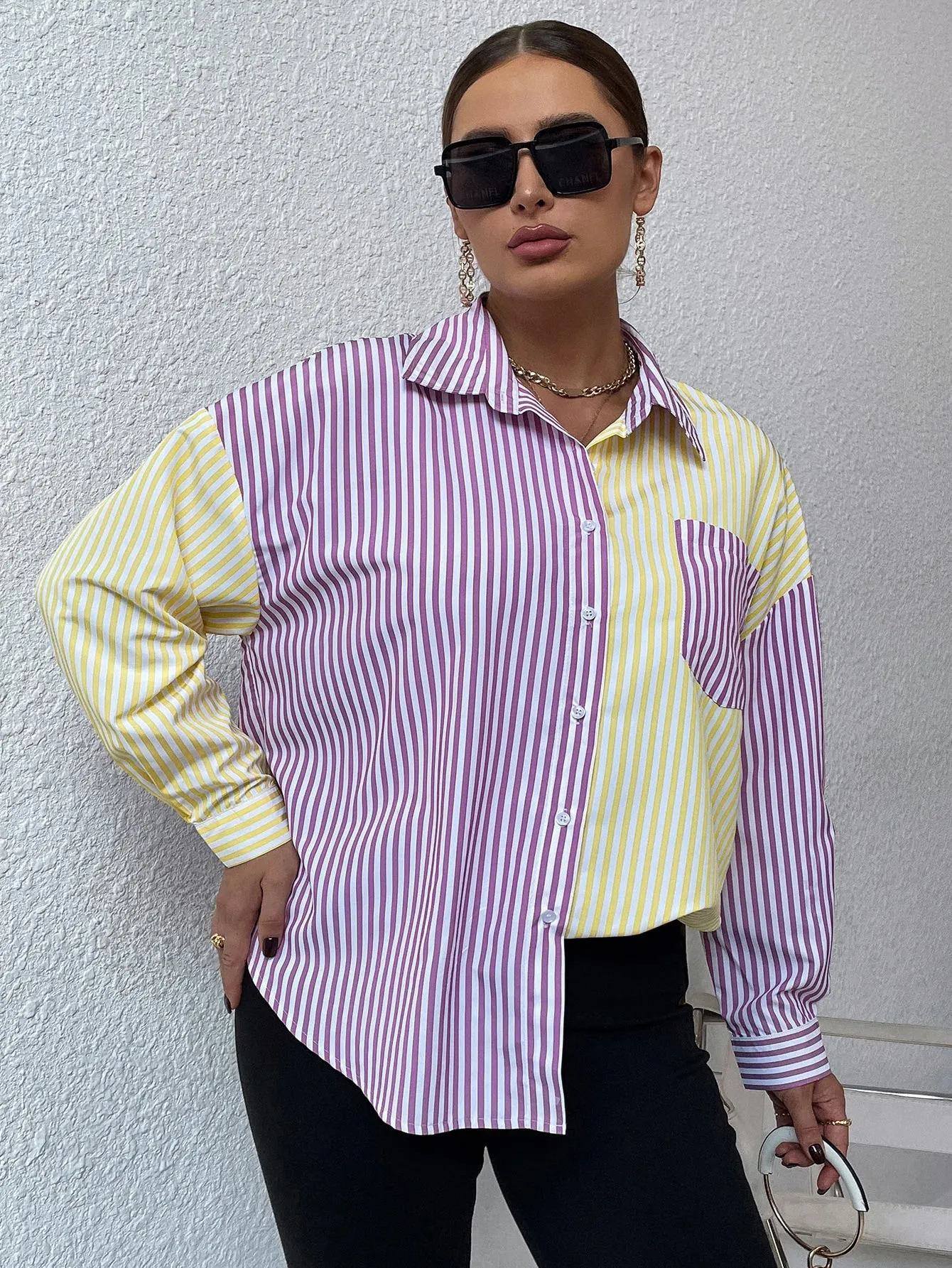 Striped Button Front Long Sleeve Collar Long Plus Size Blouse