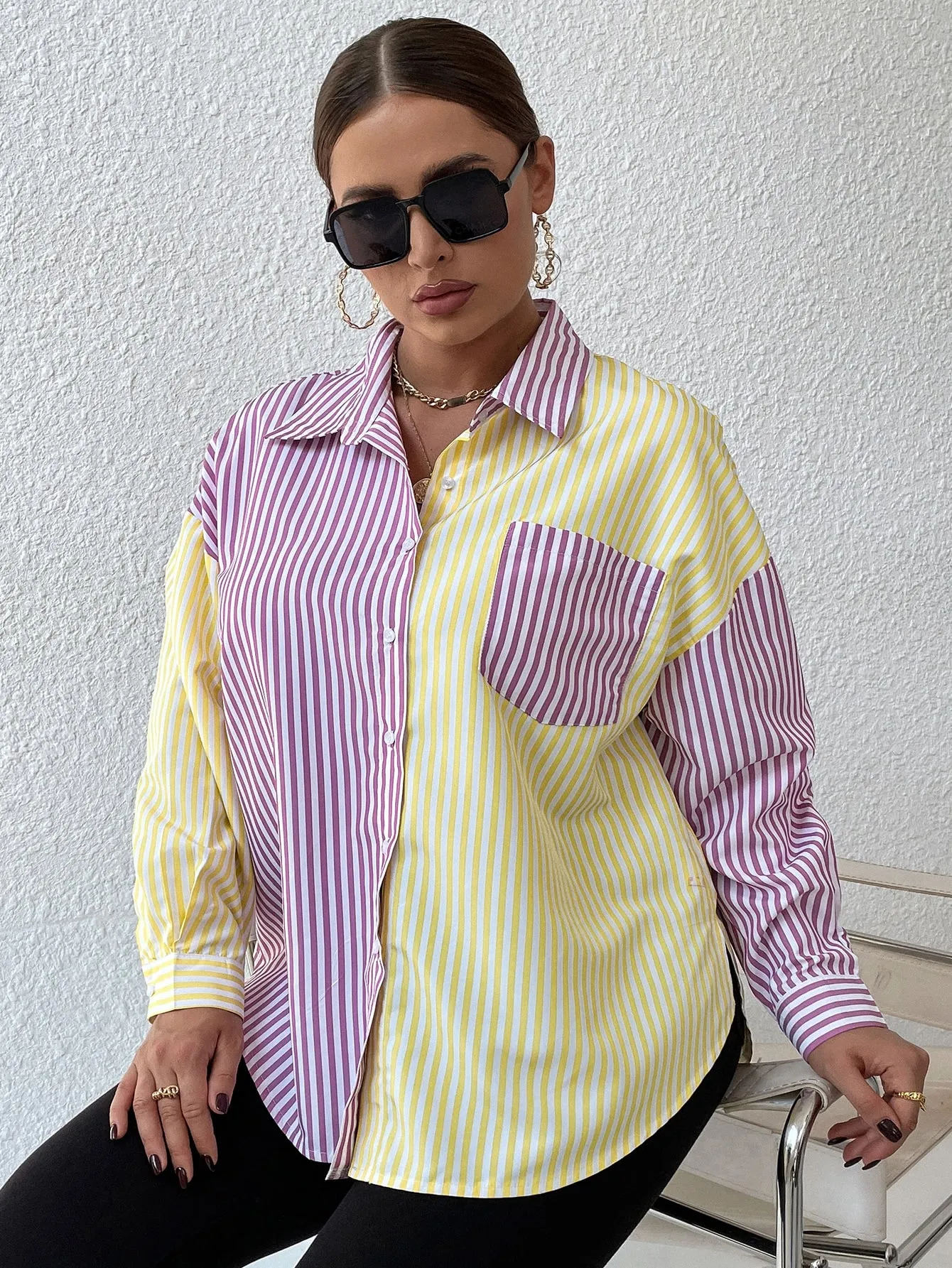 Striped Button Front Long Sleeve Collar Long Plus Size Blouse