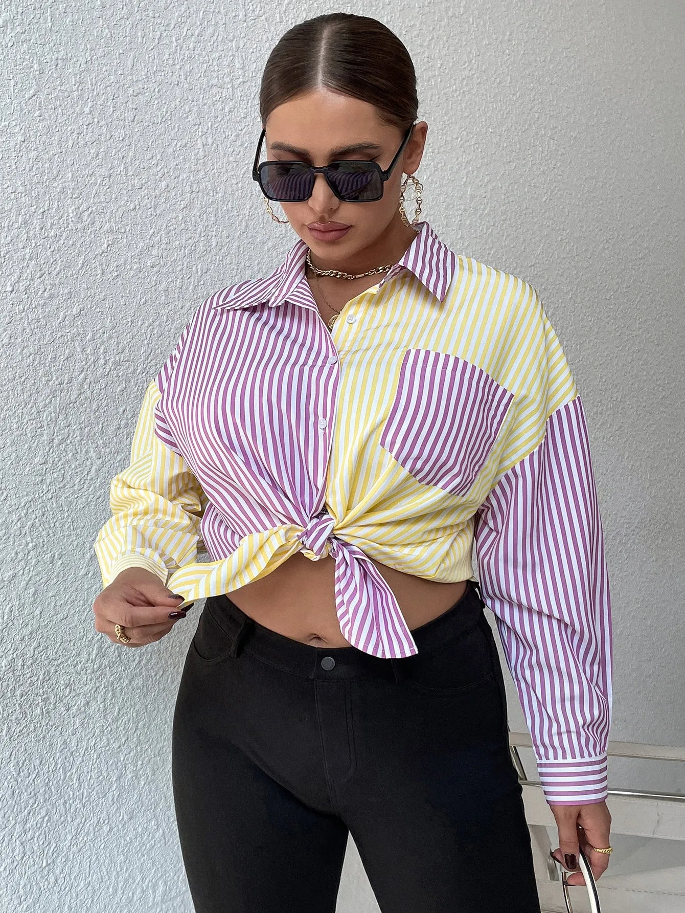 Striped Button Front Long Sleeve Collar Long Plus Size Blouse