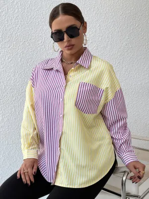Striped Button Front Long Sleeve Collar Long Plus Size Blouse