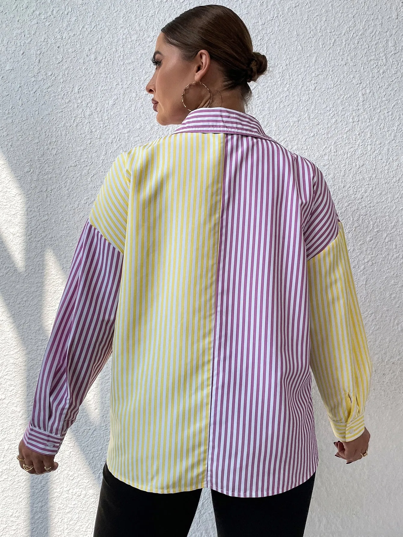 Striped Button Front Long Sleeve Collar Long Plus Size Blouse
