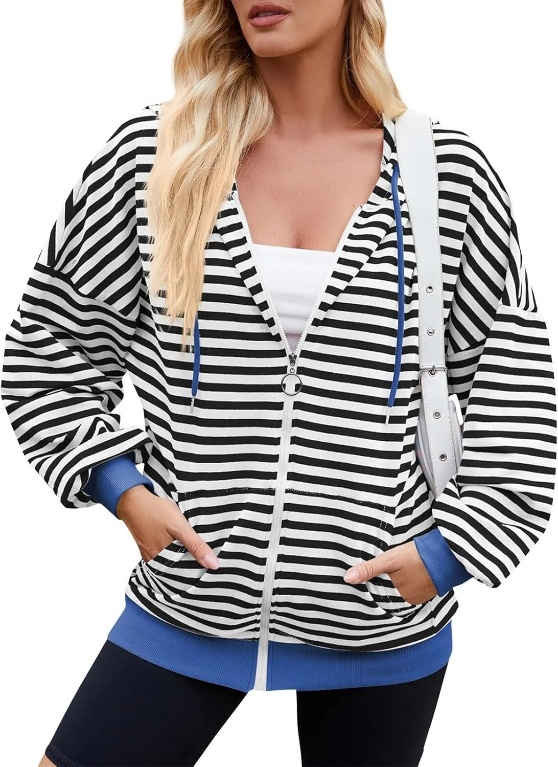 Striped Hoodie for Women Y2k Oversized Zip Up Jackets with Pockets Casual Comfy Drawstring Hooded Sweatshirt Outfits