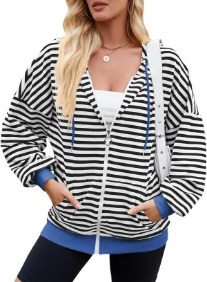 Striped Hoodie for Women Y2k Oversized Zip Up Jackets with Pockets Casual Comfy Drawstring Hooded Sweatshirt Outfits