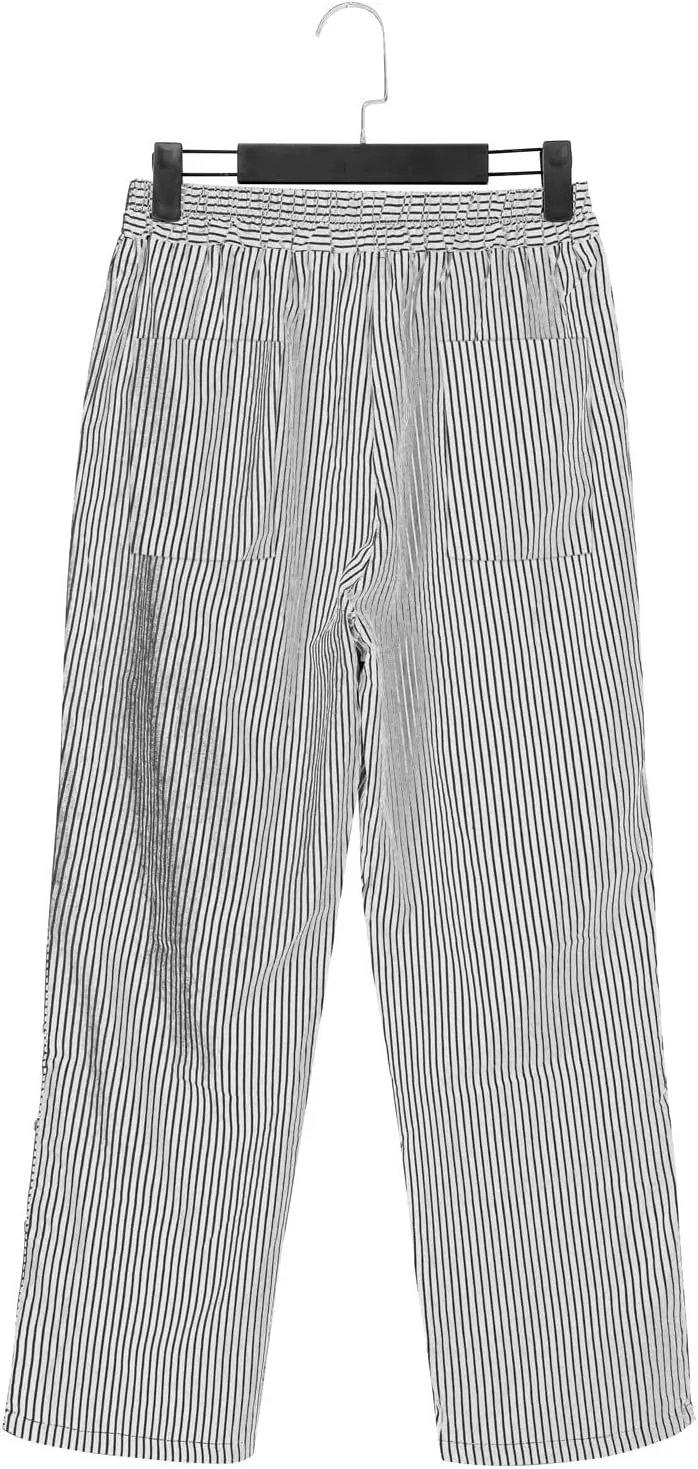 Striped Linen Capris Women Geometric Texture Cotton Linen Casual Pants Casual Lounge Travel Trousers with Pockets