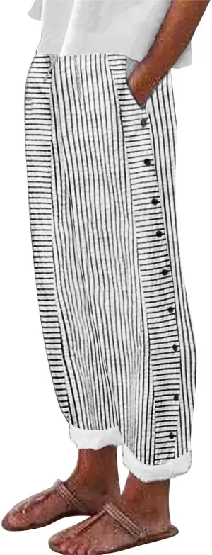 Striped Linen Capris Women Geometric Texture Cotton Linen Casual Pants Casual Lounge Travel Trousers with Pockets