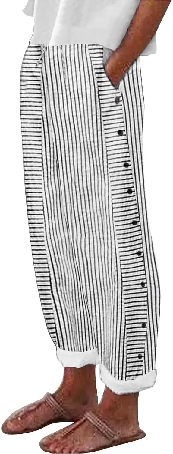 Striped Linen Capris Women Geometric Texture Cotton Linen Casual Pants Casual Lounge Travel Trousers with Pockets