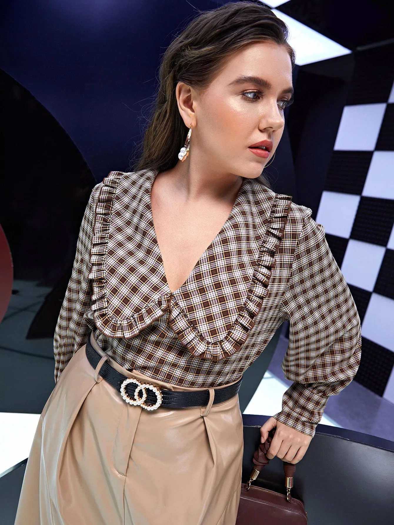 Tartan Frill Long Sleeve Peter Pan Collar Regular Plus Size Blouse