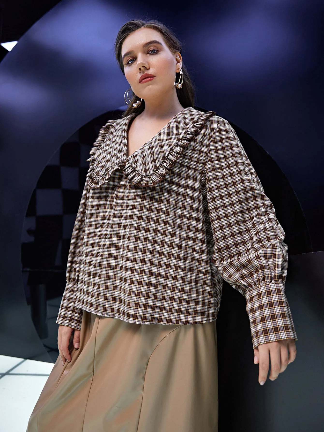 Tartan Frill Long Sleeve Peter Pan Collar Regular Plus Size Blouse