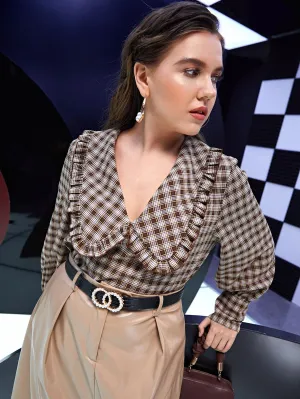 Tartan Frill Long Sleeve Peter Pan Collar Regular Plus Size Blouse