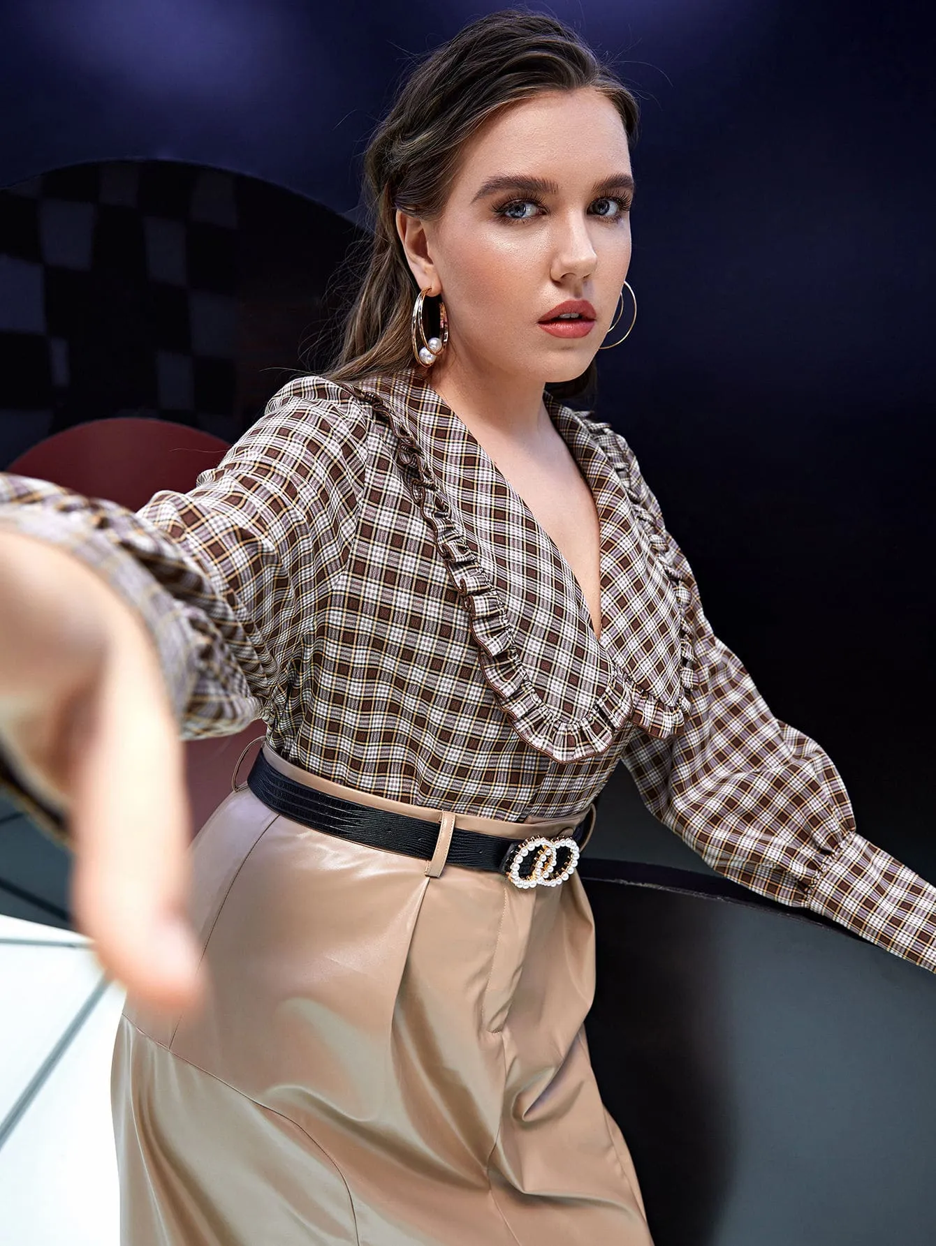 Tartan Frill Long Sleeve Peter Pan Collar Regular Plus Size Blouse