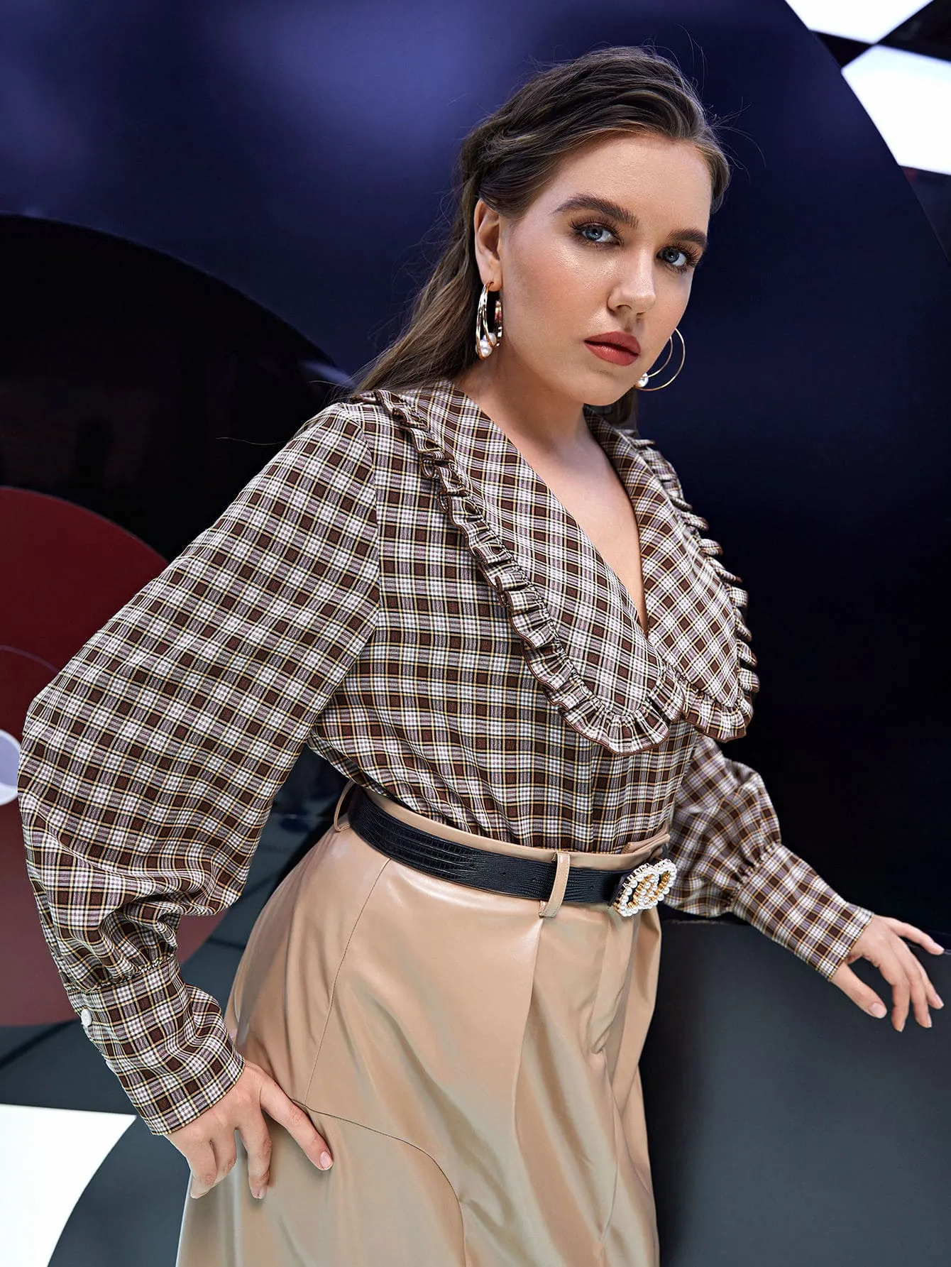 Tartan Frill Long Sleeve Peter Pan Collar Regular Plus Size Blouse