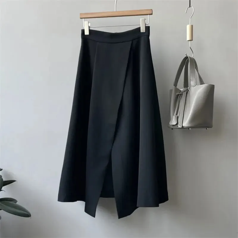 TAVIMART  -  Korean Elegant High Waist Split Mid-Length Skirts for Women Spring Summer Loose Pockets Solid Ladies A-line Skirts Temperament