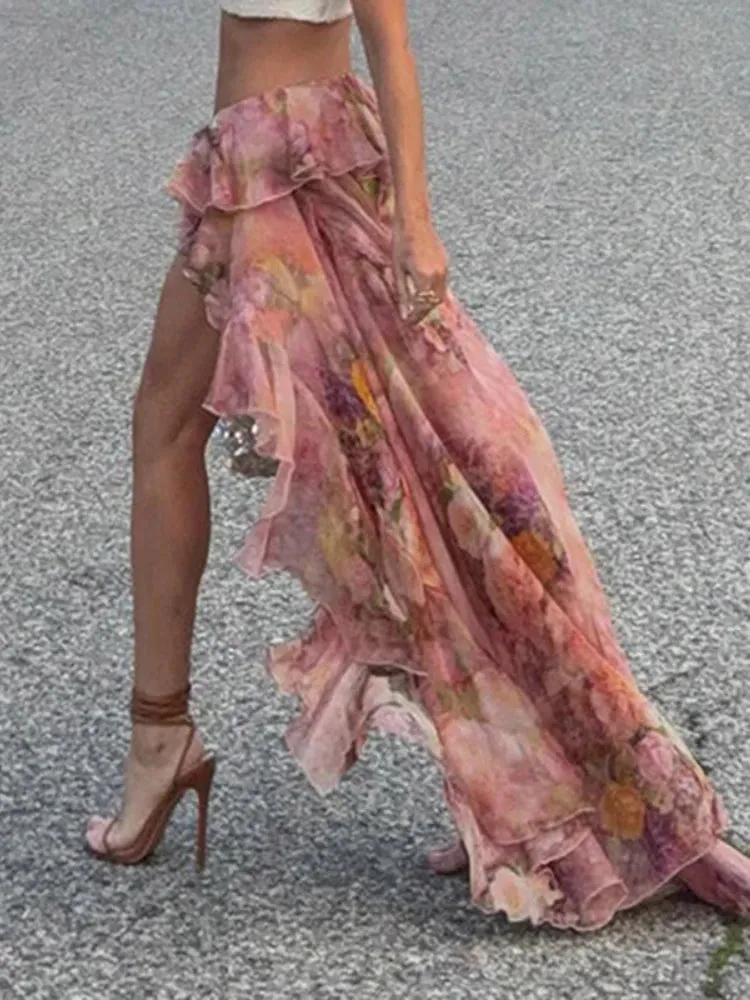TAVIMART  -  Vacation Ruffles Skirts Fashion Floral Print Vintage Elegant Women Skirts Designed Semi-perspective Sexy Holiday Bottom