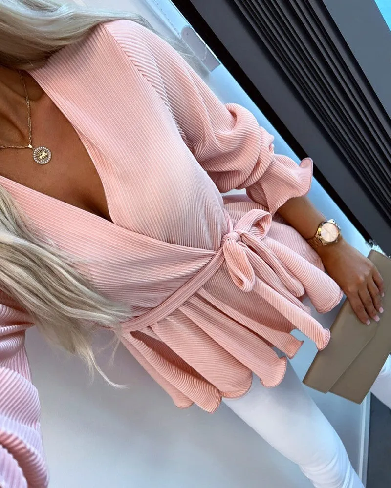 Tied Detail Ruched Ruffles Top