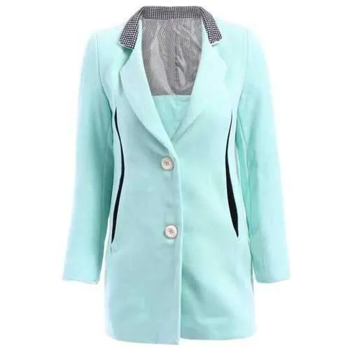 Trendy Style Lapel Neck Long Sleeve Houndstooth Splicing Worsted Women's Coat - Azure S