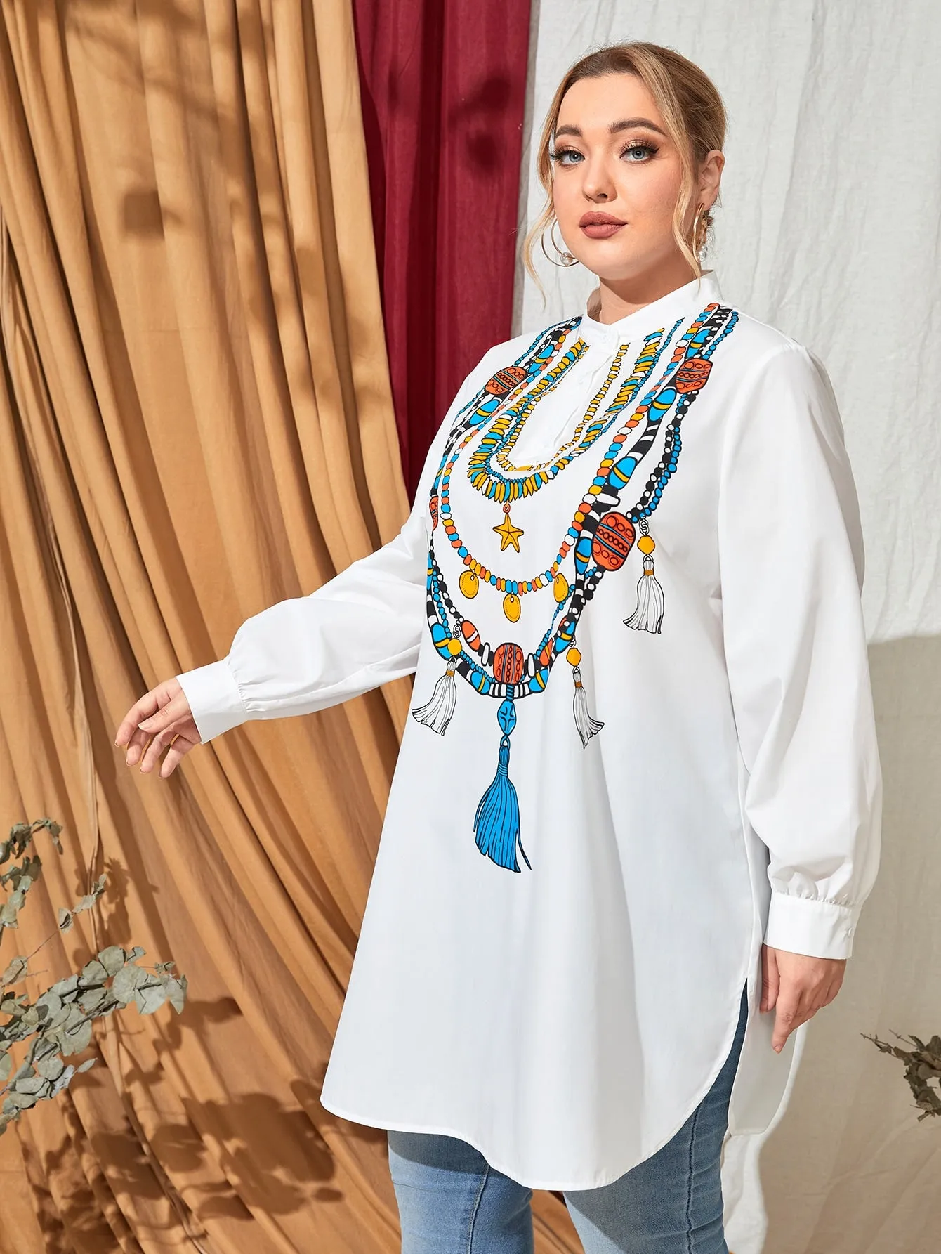 Tribal Split Long Sleeve Stand Collar Long Plus Size Blouse