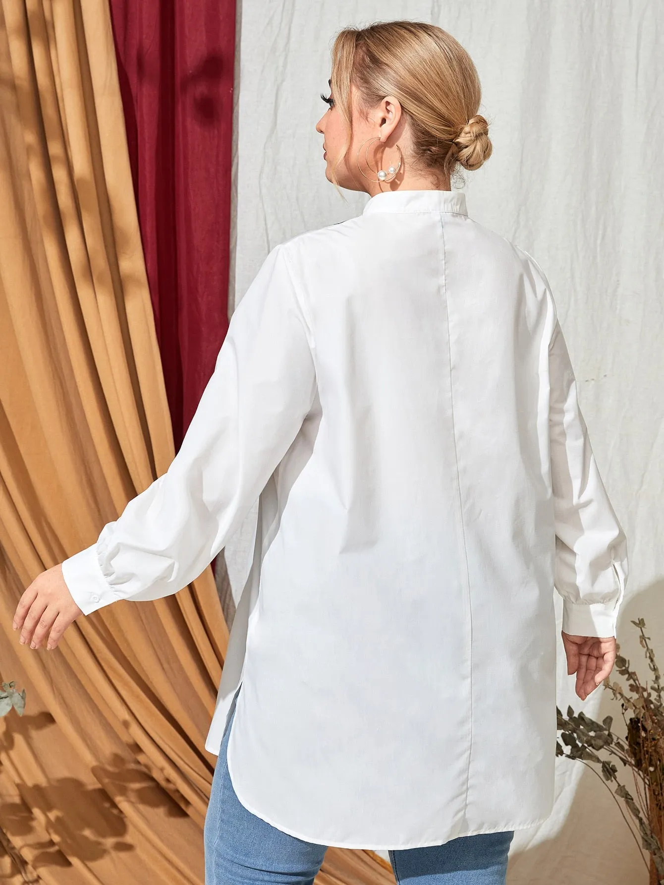 Tribal Split Long Sleeve Stand Collar Long Plus Size Blouse