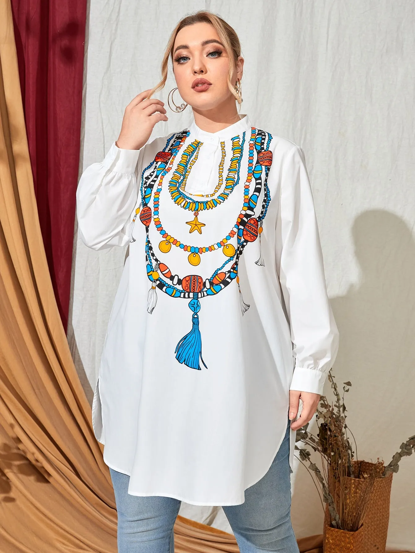 Tribal Split Long Sleeve Stand Collar Long Plus Size Blouse