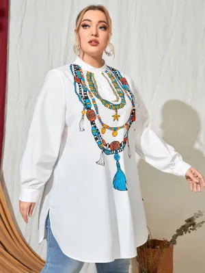 Tribal Split Long Sleeve Stand Collar Long Plus Size Blouse