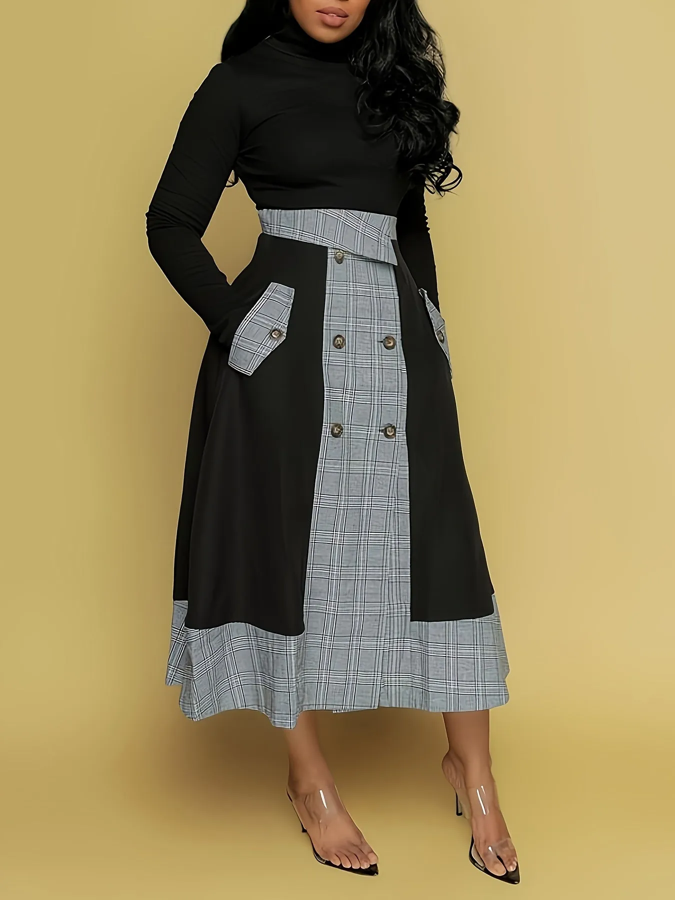 Two-Piece Chic Outfit - Solid Long Sleeve Turtle Neck Top & Slant Pocket Plaid Print Loose Button Split Color Block Skirt - Comfortable, Versatile, and Flattering Women's Clothing for Casual Occasions