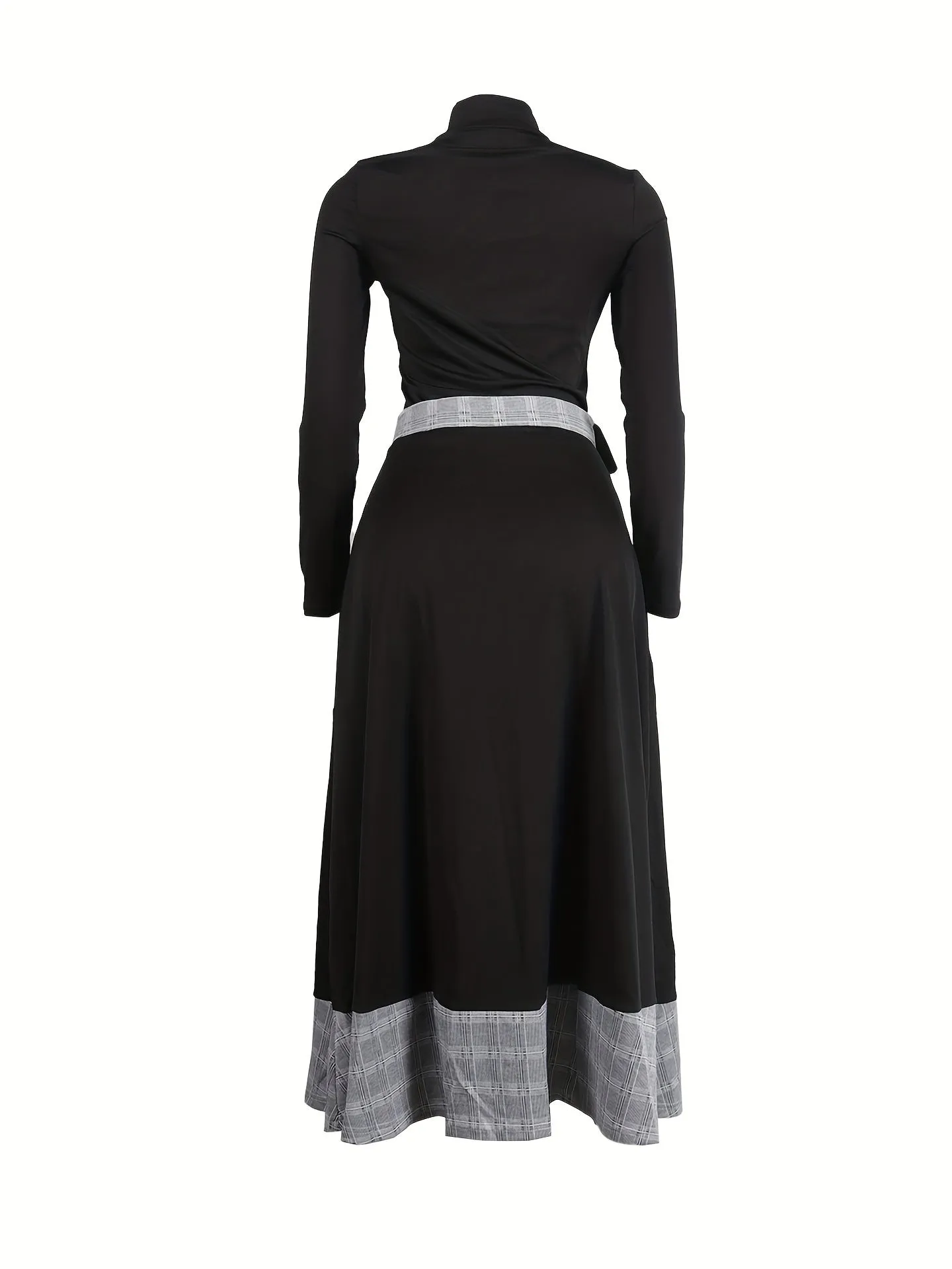 Two-Piece Chic Outfit - Solid Long Sleeve Turtle Neck Top & Slant Pocket Plaid Print Loose Button Split Color Block Skirt - Comfortable, Versatile, and Flattering Women's Clothing for Casual Occasions