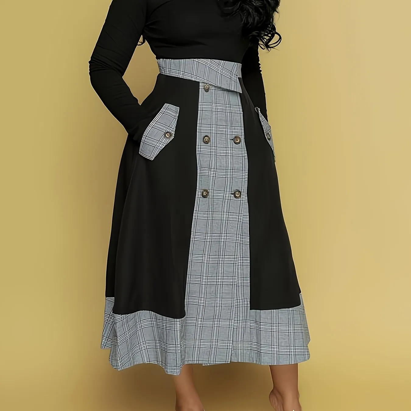 Two-Piece Chic Outfit - Solid Long Sleeve Turtle Neck Top & Slant Pocket Plaid Print Loose Button Split Color Block Skirt - Comfortable, Versatile, and Flattering Women's Clothing for Casual Occasions