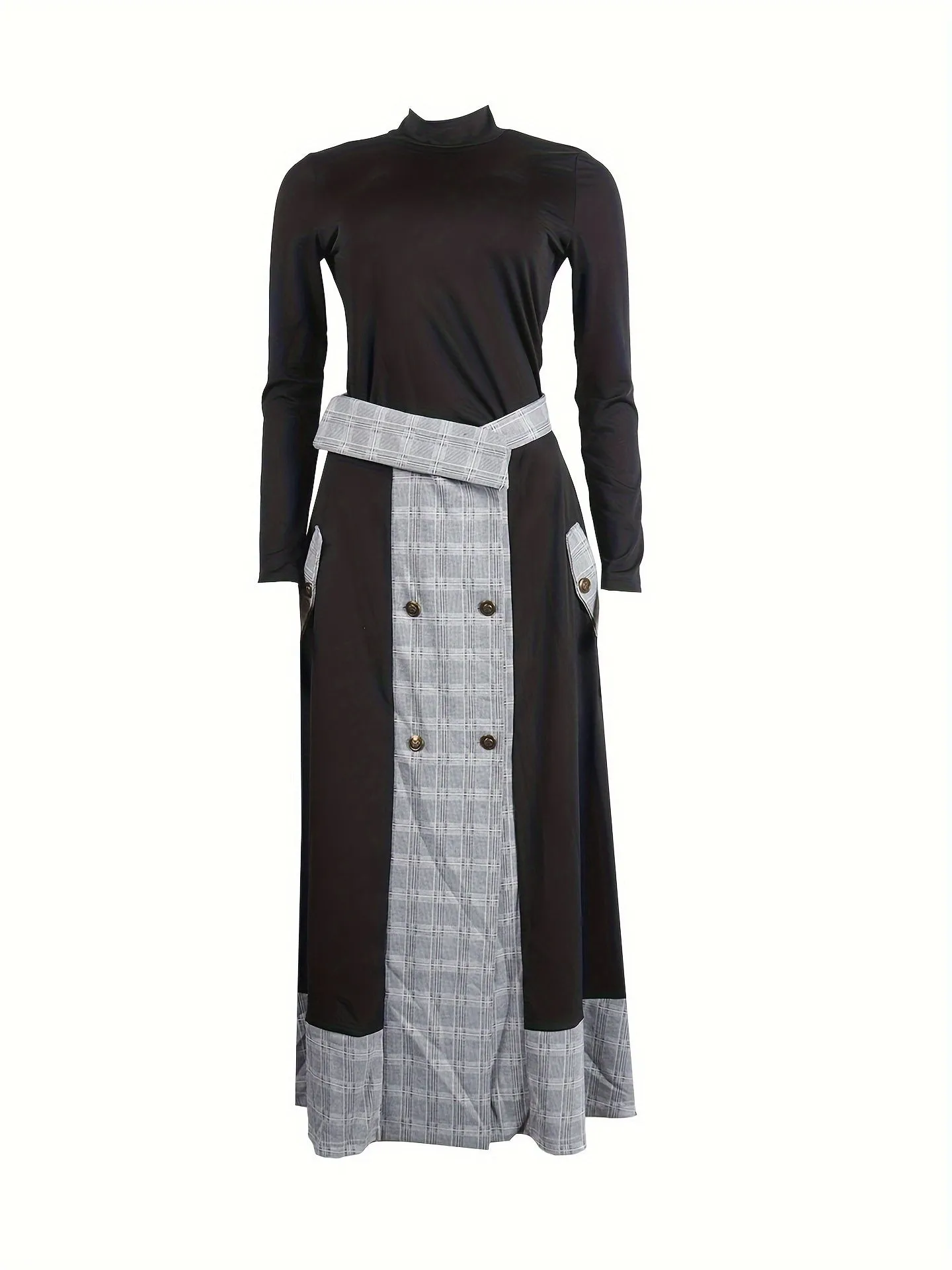 Two-Piece Chic Outfit - Solid Long Sleeve Turtle Neck Top & Slant Pocket Plaid Print Loose Button Split Color Block Skirt - Comfortable, Versatile, and Flattering Women's Clothing for Casual Occasions