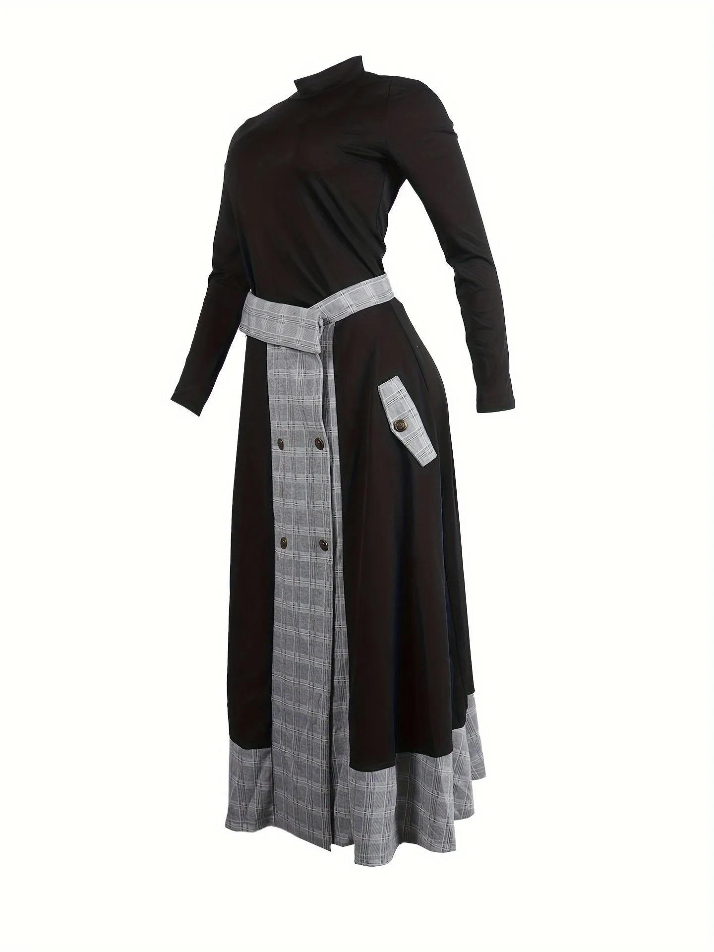 Two-Piece Chic Outfit - Solid Long Sleeve Turtle Neck Top & Slant Pocket Plaid Print Loose Button Split Color Block Skirt - Comfortable, Versatile, and Flattering Women's Clothing for Casual Occasions