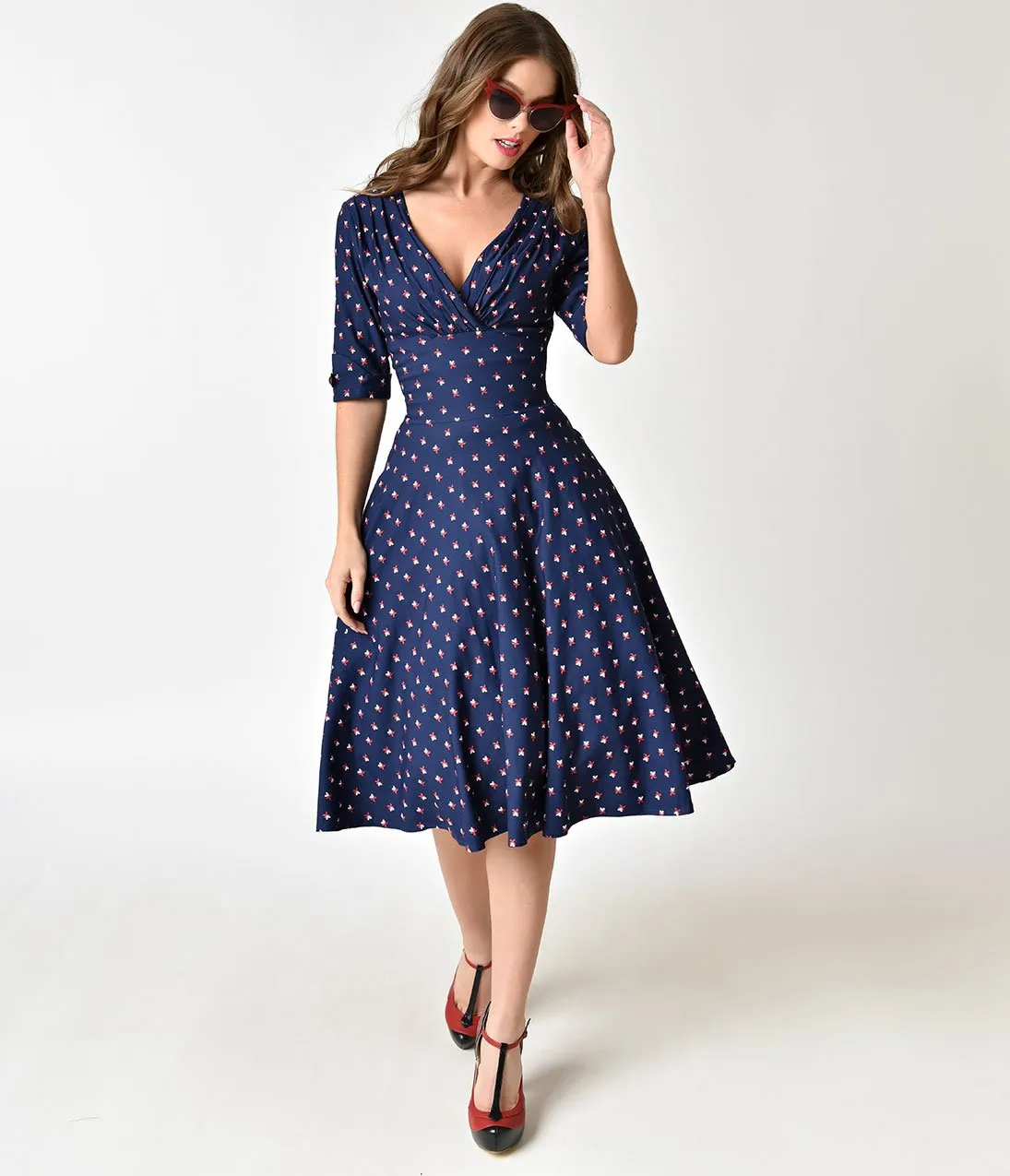 Unique Vintage 1950s Navy & Windmill Print Delores Swing Dress with Sleeves