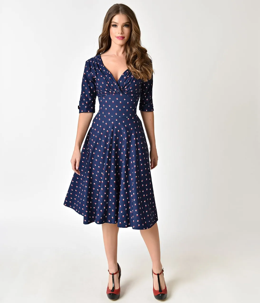 Unique Vintage 1950s Navy & Windmill Print Delores Swing Dress with Sleeves