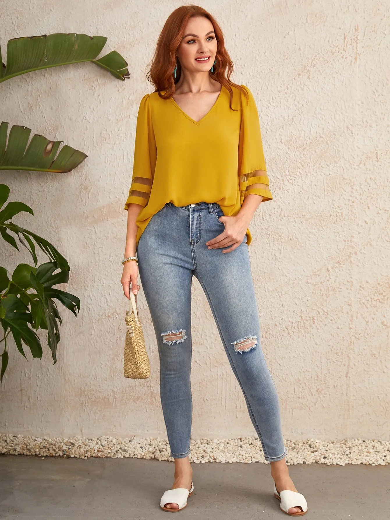 V-neck Sheer Mesh Insert Top