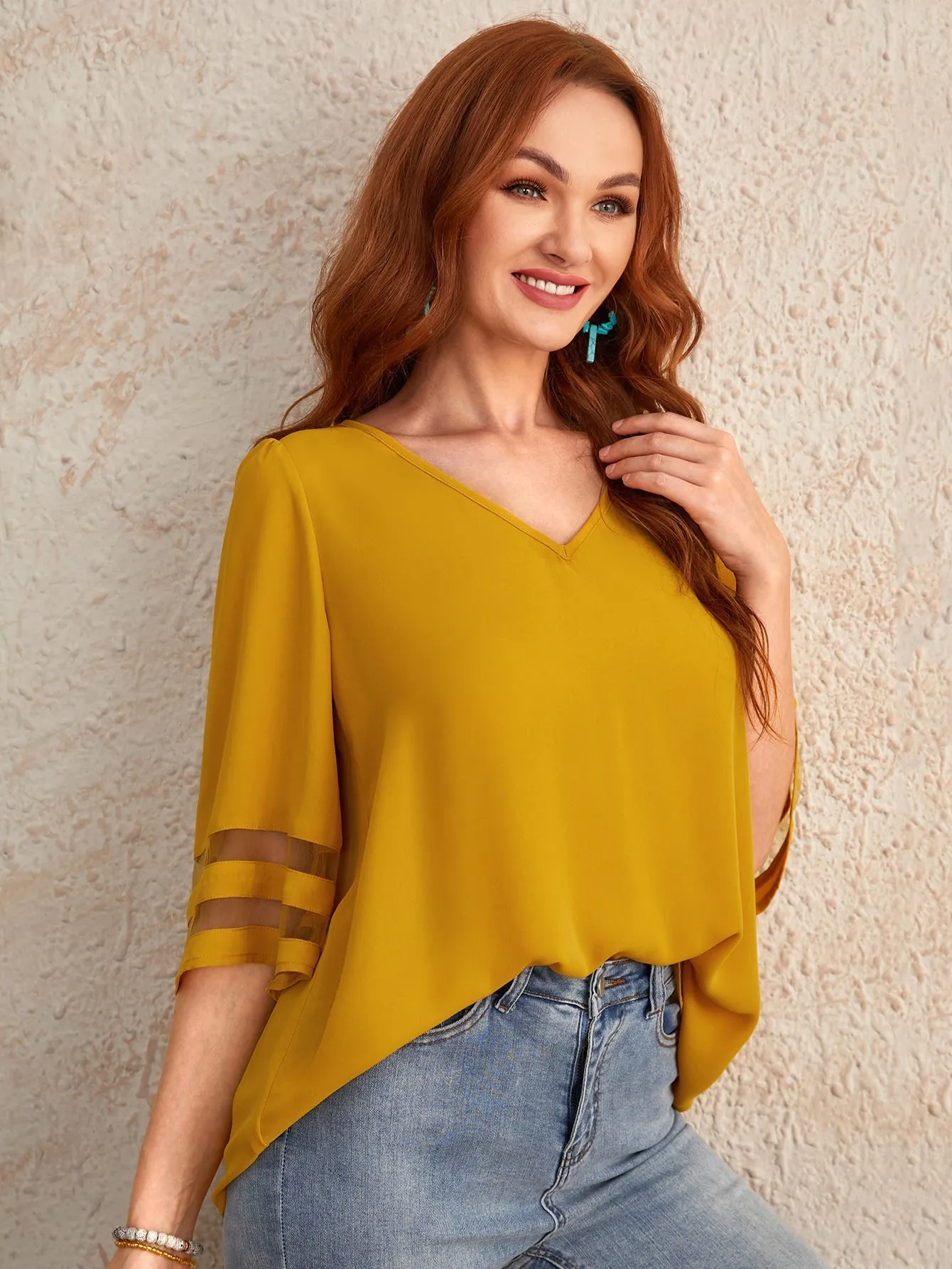V-neck Sheer Mesh Insert Top