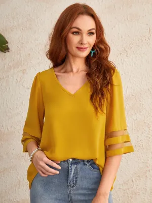 V-neck Sheer Mesh Insert Top