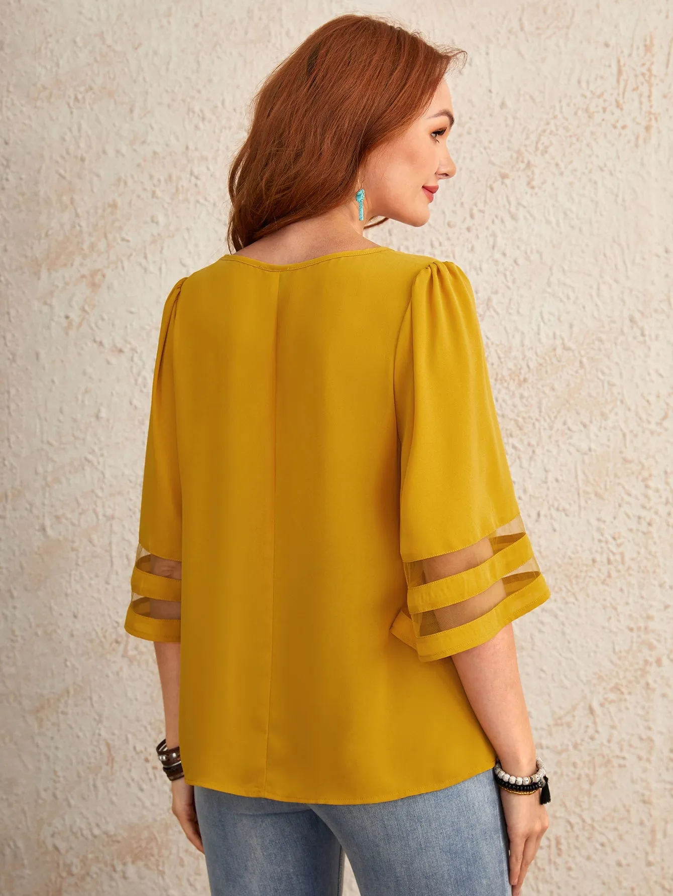 V-neck Sheer Mesh Insert Top