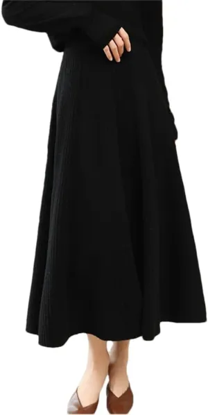 Vsadsau Women's Wool Knitted Pleated Skirt Solid Color A-Line Elastic Waist Loose Midi Skirts Black One Size#164