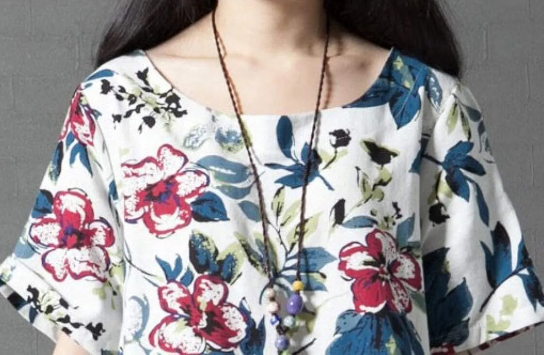 Womens Breezy Linen Floral Dress