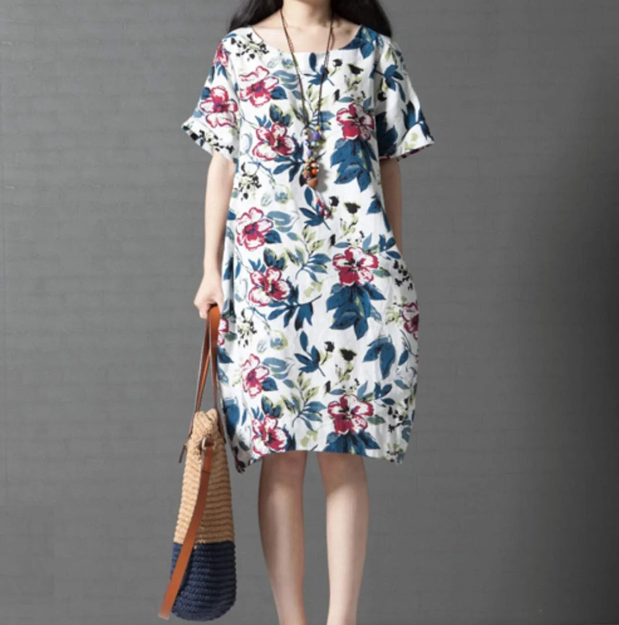 Womens Breezy Linen Floral Dress