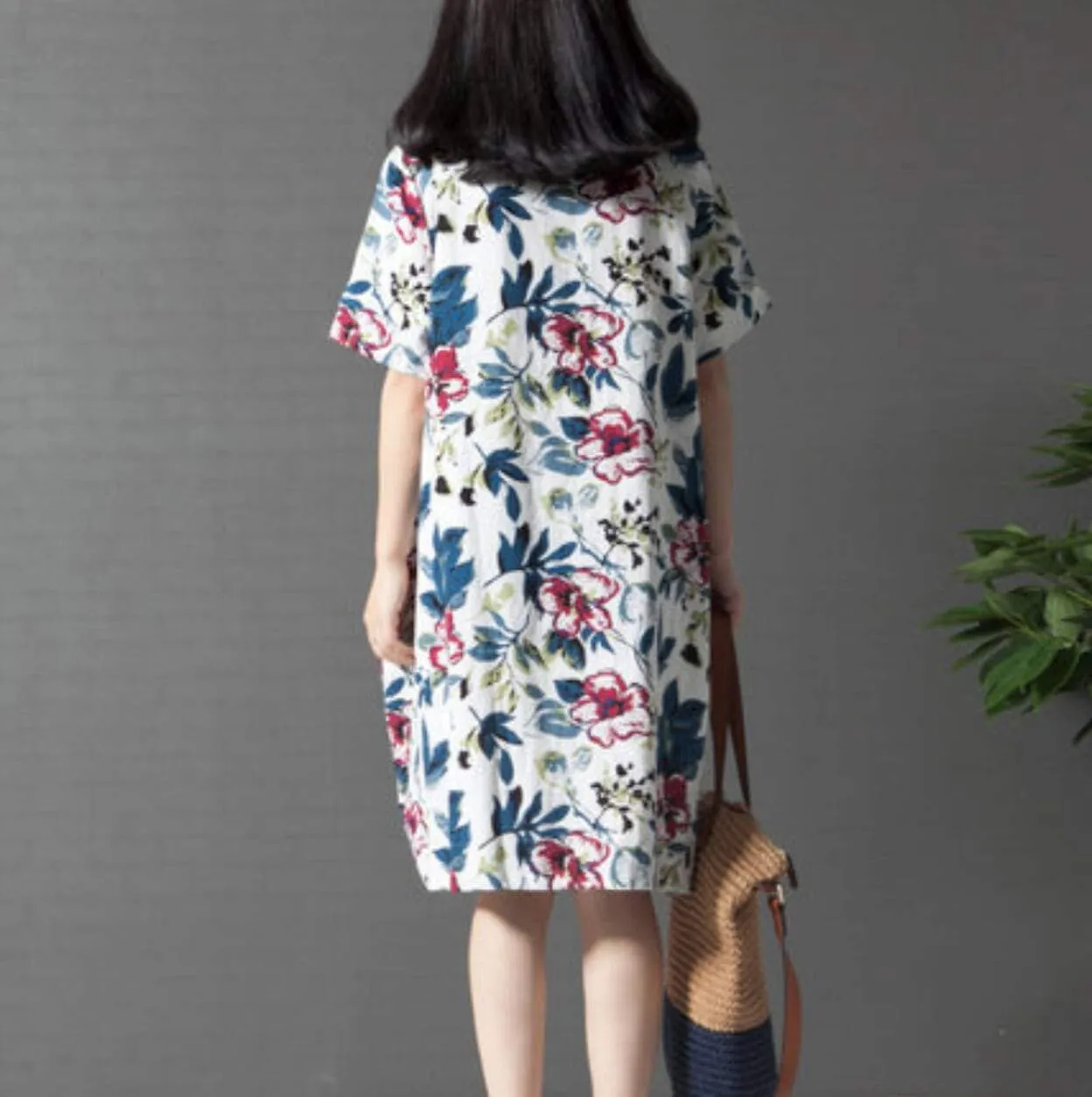 Womens Breezy Linen Floral Dress
