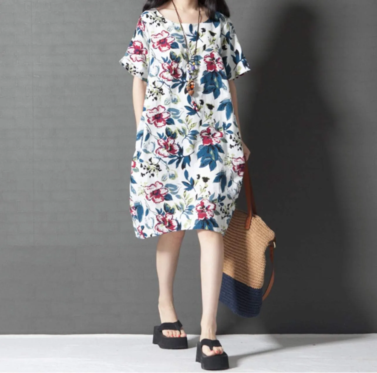 Womens Breezy Linen Floral Dress