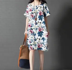 Womens Breezy Linen Floral Dress