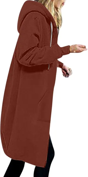 Womens Casual Full Zip Up Hoodie Long Sleeve Hooded Long Sweatshirt Comfortable Casual Pockets Tunic Jacket