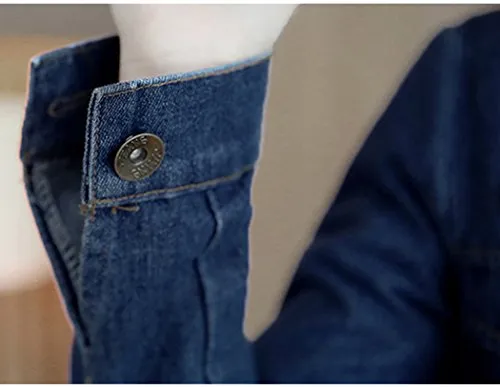 Women's Fall Washed Blue Denim Long Jacket Fashion Front Button Down Jean Coat M Dark Wash Blue