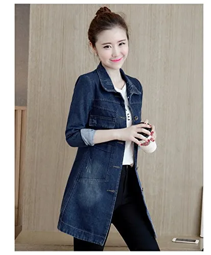 Women's Fall Washed Blue Denim Long Jacket Fashion Front Button Down Jean Coat M Dark Wash Blue