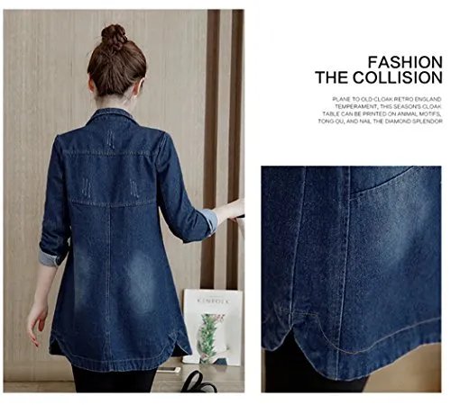 Women's Fall Washed Blue Denim Long Jacket Fashion Front Button Down Jean Coat M Dark Wash Blue