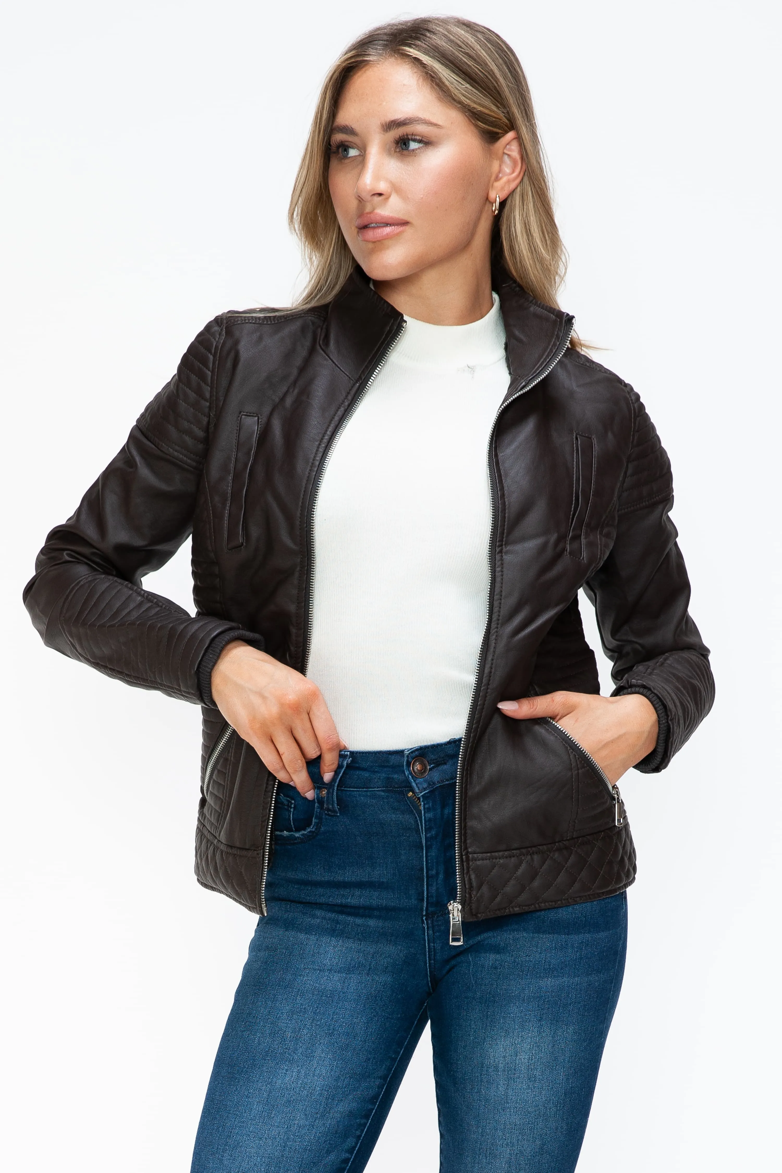 YMI Faux Layered Double-Zipper Faux Leather Jacket with Fuzzy Hood
