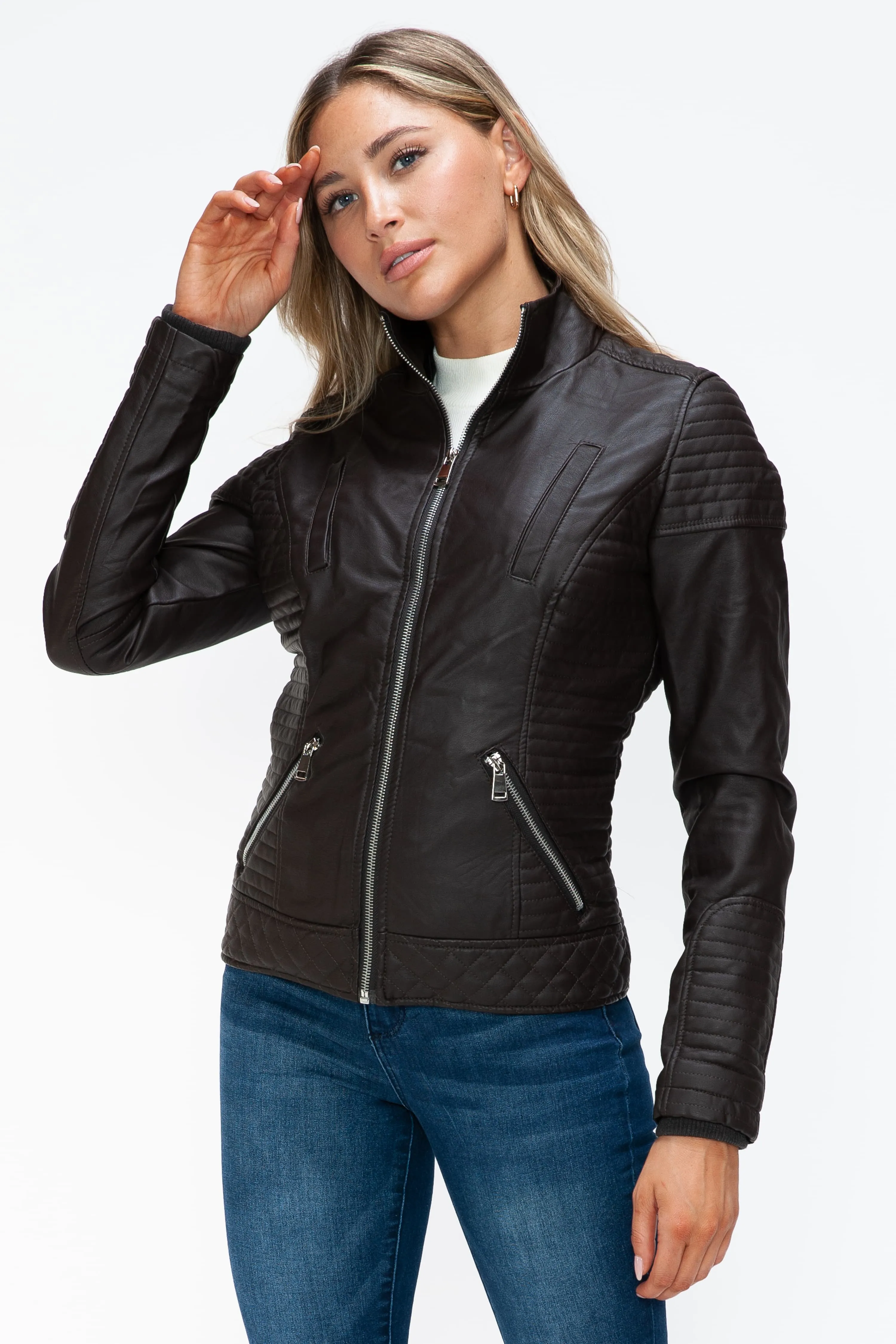 YMI Faux Layered Double-Zipper Faux Leather Jacket with Fuzzy Hood