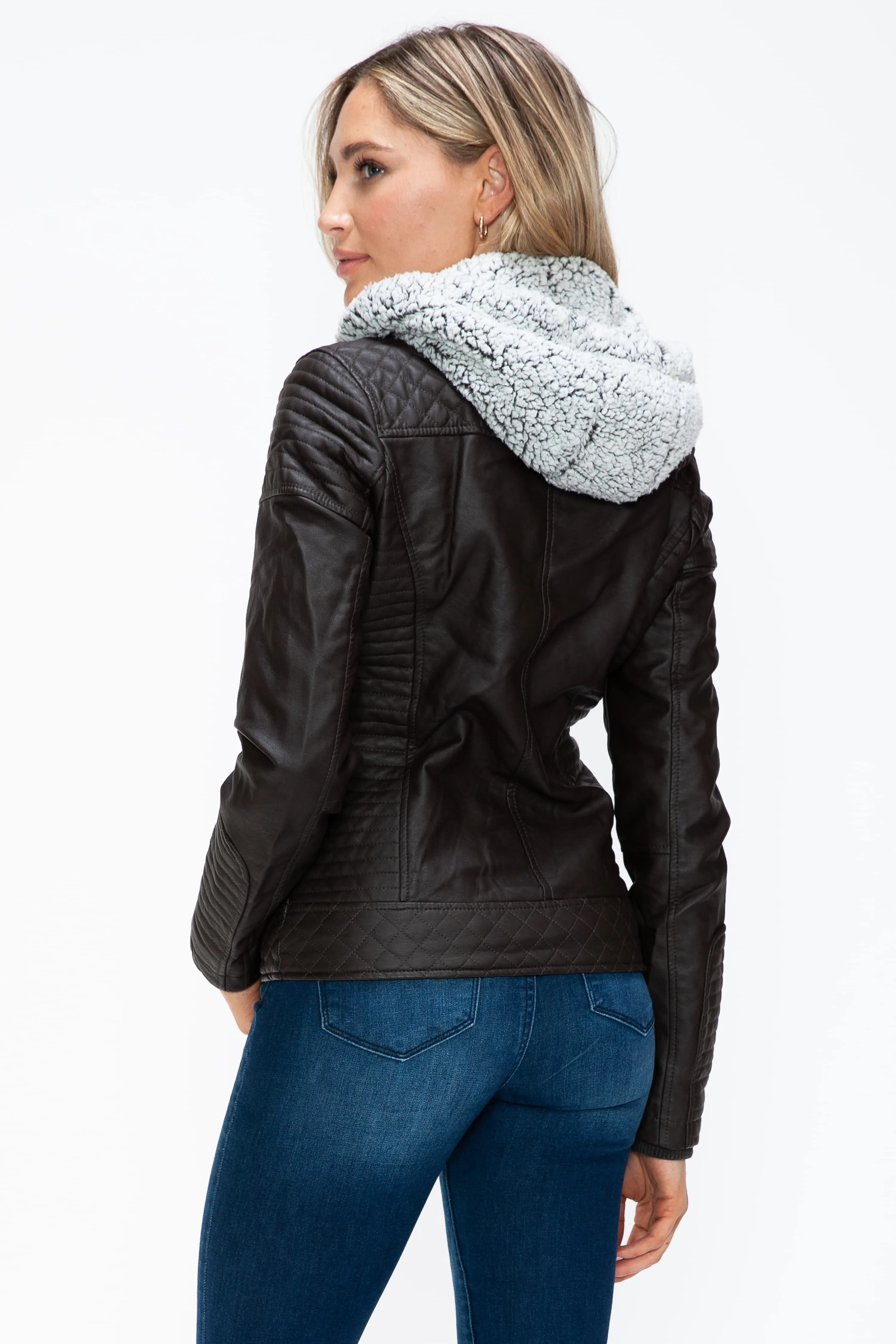 YMI Faux Layered Double-Zipper Faux Leather Jacket with Fuzzy Hood