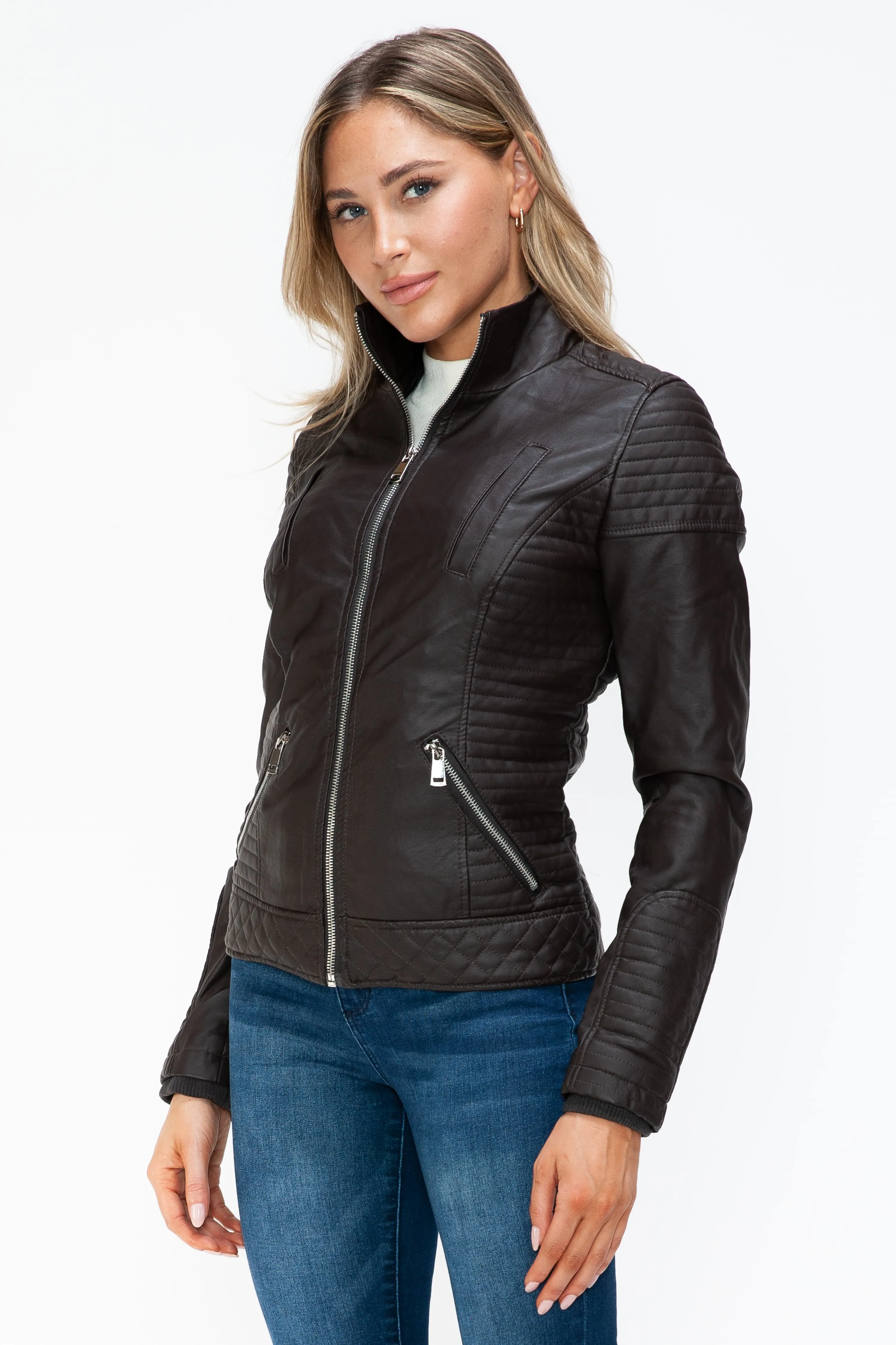 YMI Faux Layered Double-Zipper Faux Leather Jacket with Fuzzy Hood